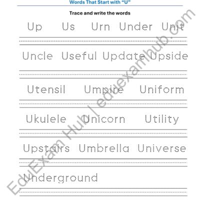 class 1 letter u vocabulary tracing worksheet