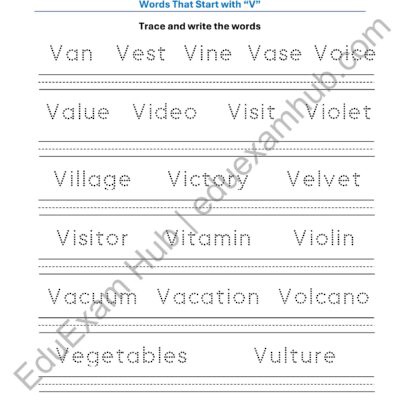 class 1 letter v vocabulary tracing worksheet