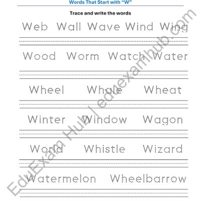 class 1 letter w vocabulary tracing worksheet