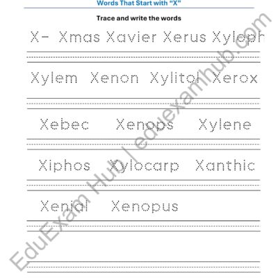 class 1 letter x vocabulary tracing worksheet