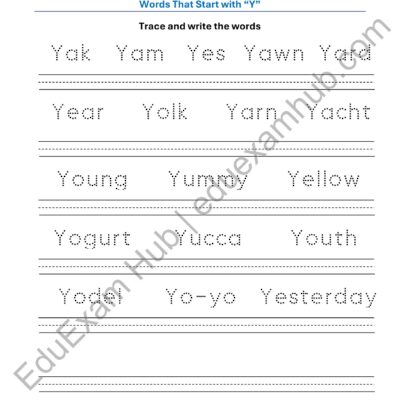 class 1 letter y vocabulary tracing worksheet