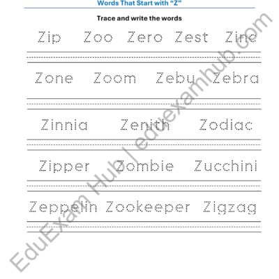 class 1 letter z vocabulary tracing worksheet