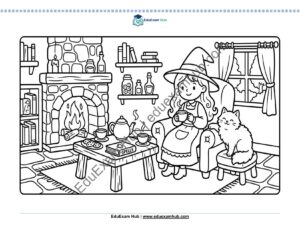 cozy witch armchair tea & spellbook coloring page