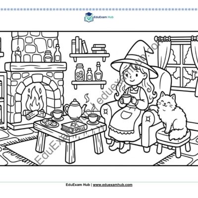 cozy witch armchair tea & spellbook coloring page