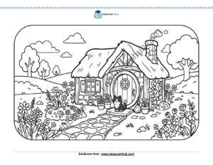 fairytale cottage and cat doorway coloring page