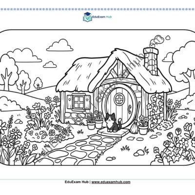 fairytale cottage and cat doorway coloring page
