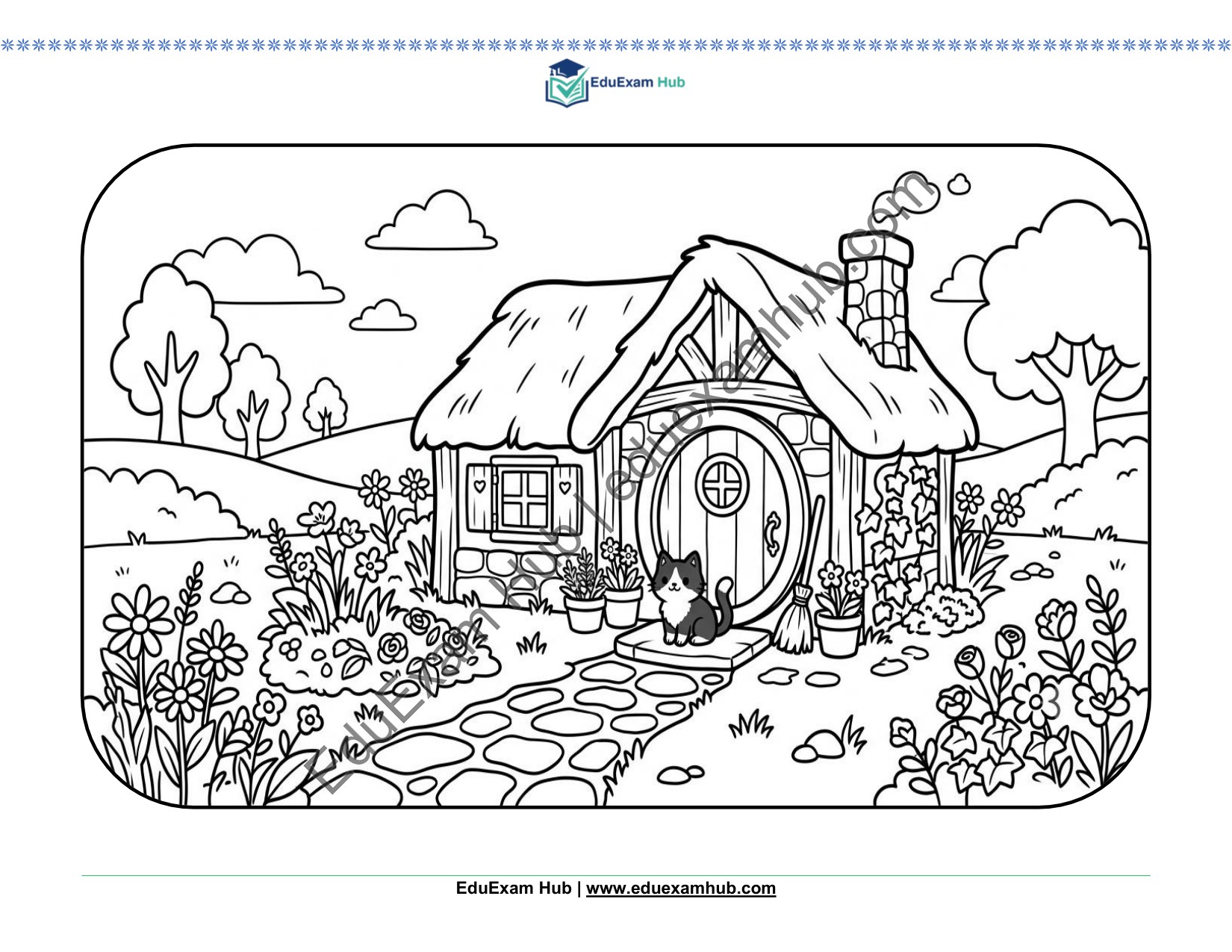 fairytale cottage and cat doorway coloring page