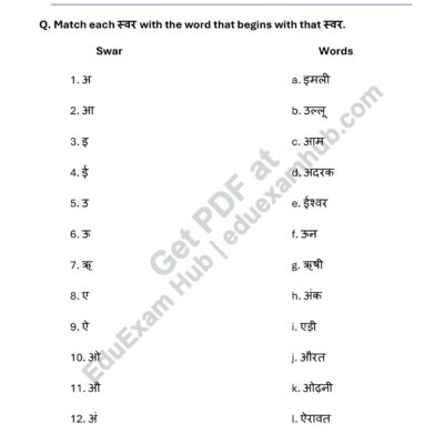 hindi swar matching worksheet for class 1