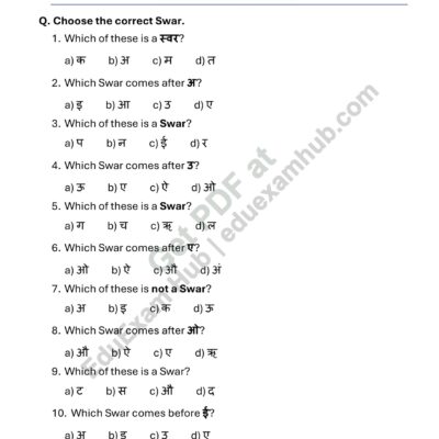 hindi swar multiple choice worksheet for class 1