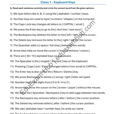 Home keyboard keys worksheet class 1