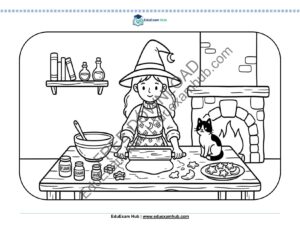 little witch baking magic cookies coloring page