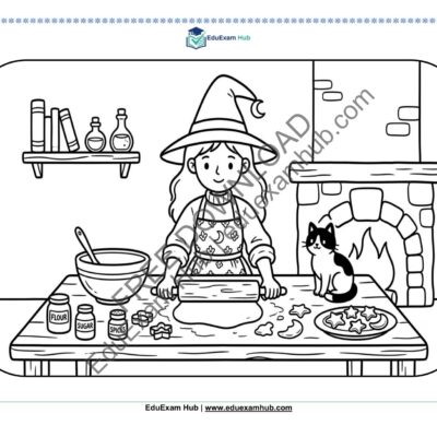 little witch baking magic cookies coloring page