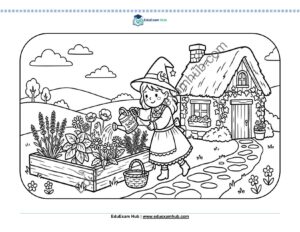 little witch gardening coloring page