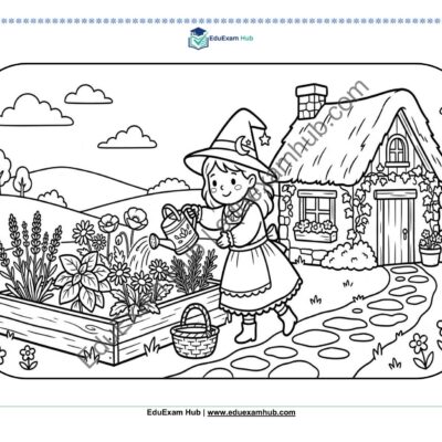 little witch gardening coloring page