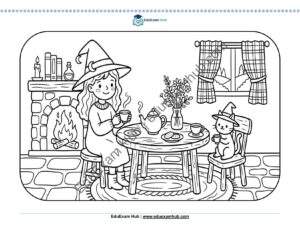 little witch and cat tea party coloring page