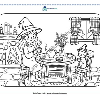 little witch and cat tea party coloring page