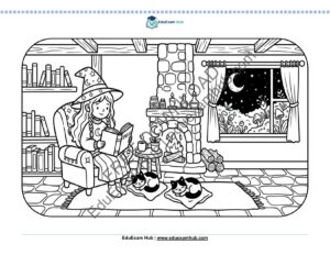 nighttime witch reading spellbook coloring page
