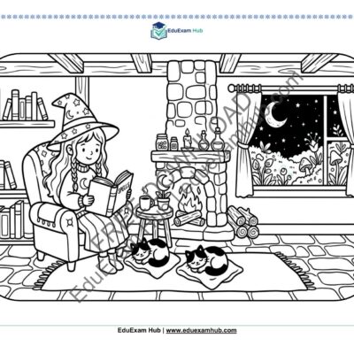 nighttime witch reading spellbook coloring page