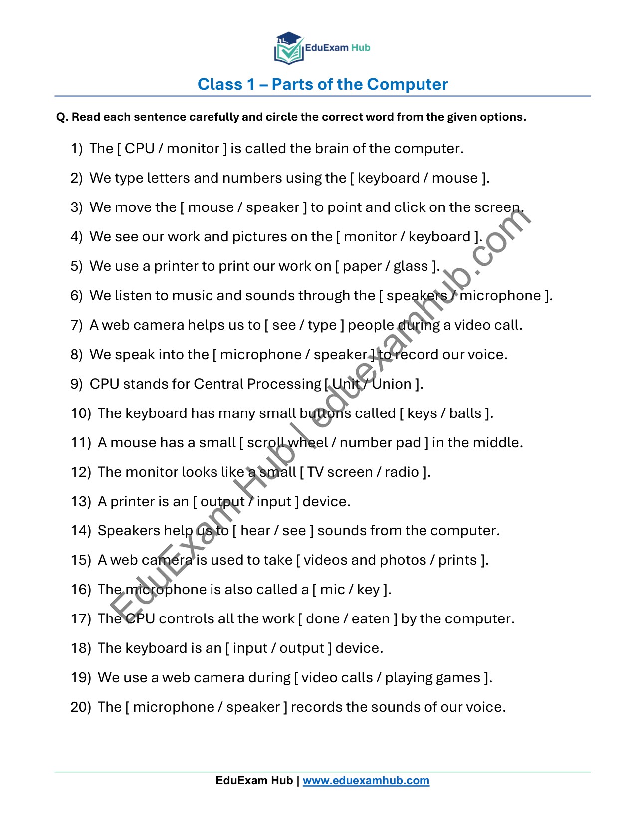 parts of a computer worksheet class 1 parts of a computer worksheet class 1