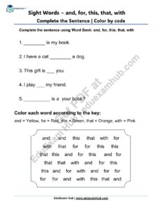 sight words and for this that with sentence color