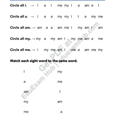 sight words i a am my me find match