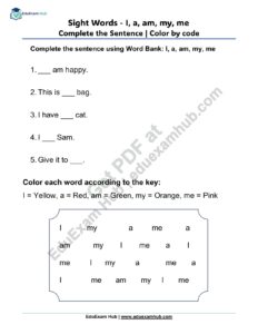 sight words i a am my me sentence color
