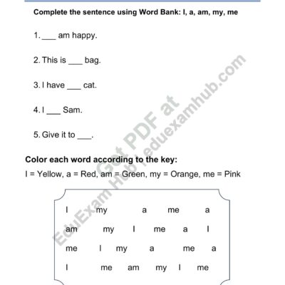 sight words i a am my me sentence color