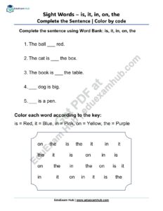 sight words is it in on the sentence color