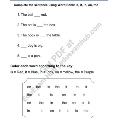 sight words is it in on the sentence color