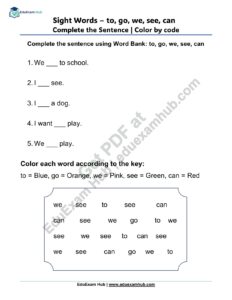 sight words to go we see can sentence color