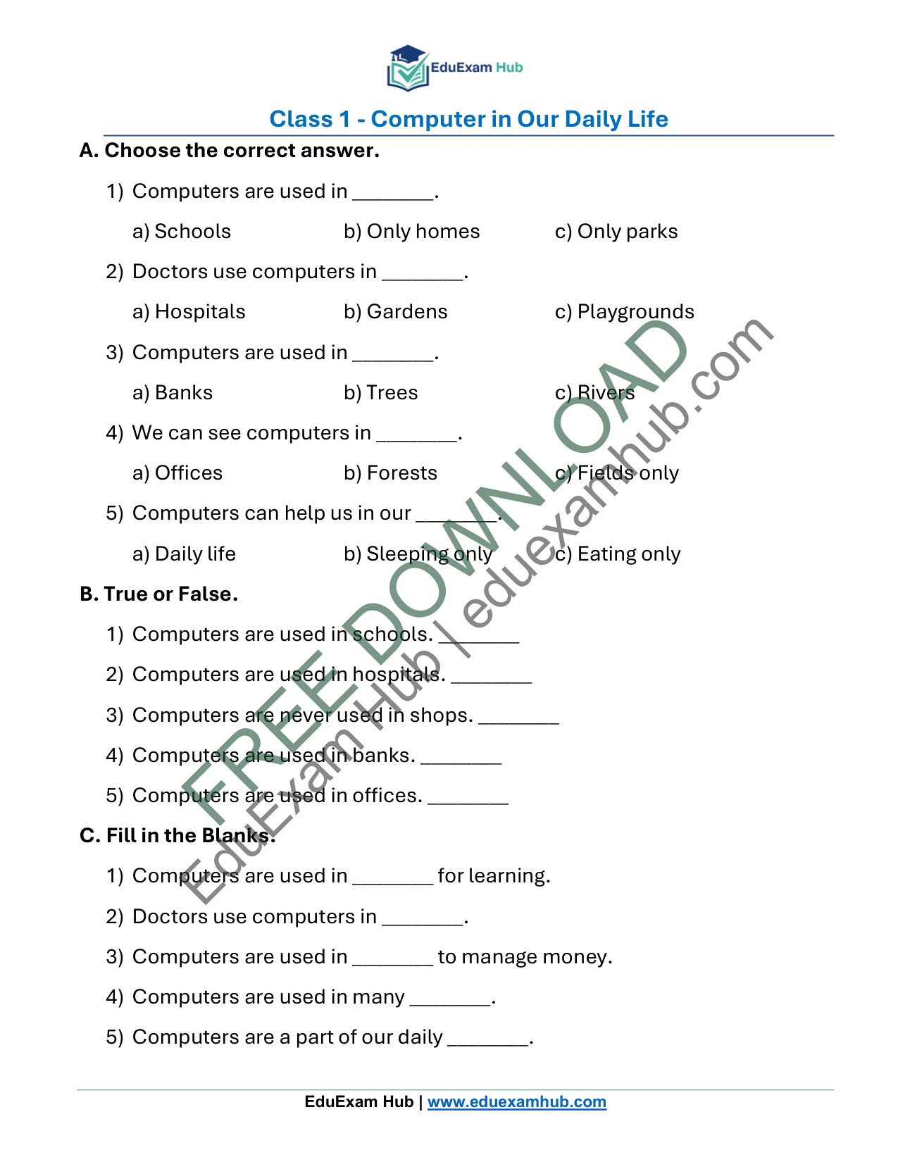 class 1 computer in our daily life worksheet class 1 computer in our daily life worksheet