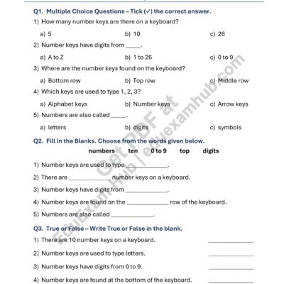 class 1 number keys worksheet