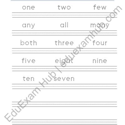 class 1 numbers and quantity words sight words trace and write worksheet