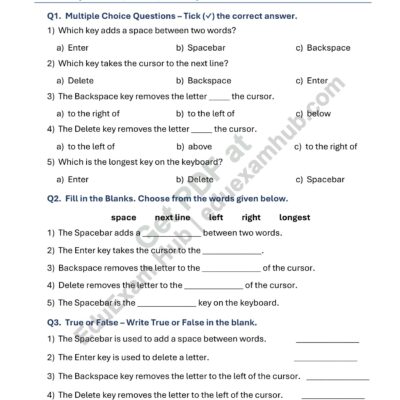 class 1 spacebar enter backspace and delete worksheet