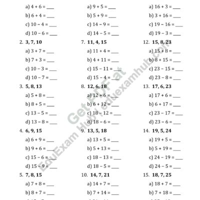 class 2 addition and subtraction fact families worksheet