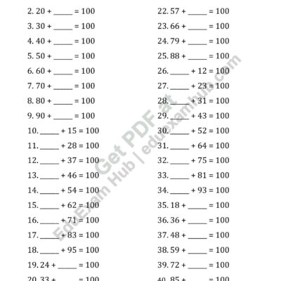class 2 complete number bonds to 100 worksheet
