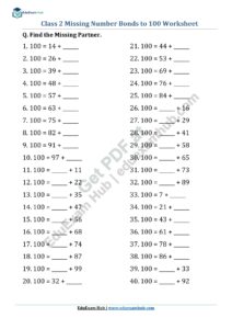 class 2 missing number bonds to 100 worksheet