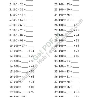 class 2 missing number bonds to 100 worksheet