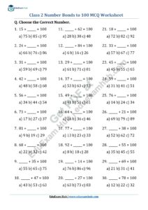 class 2 number bonds to 100 mcq worksheet