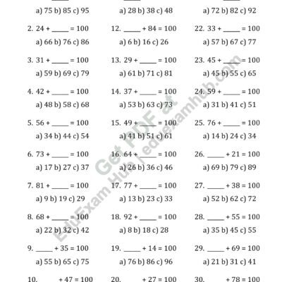 class 2 number bonds to 100 mcq worksheet