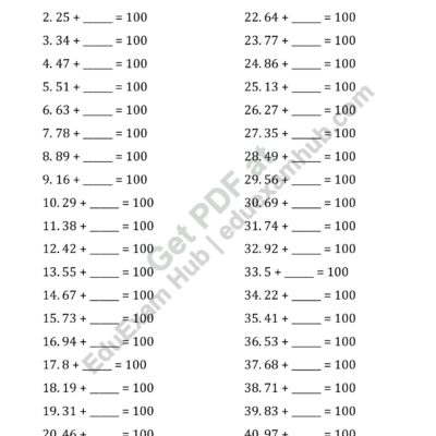 class 2 number bonds to 100 worksheet